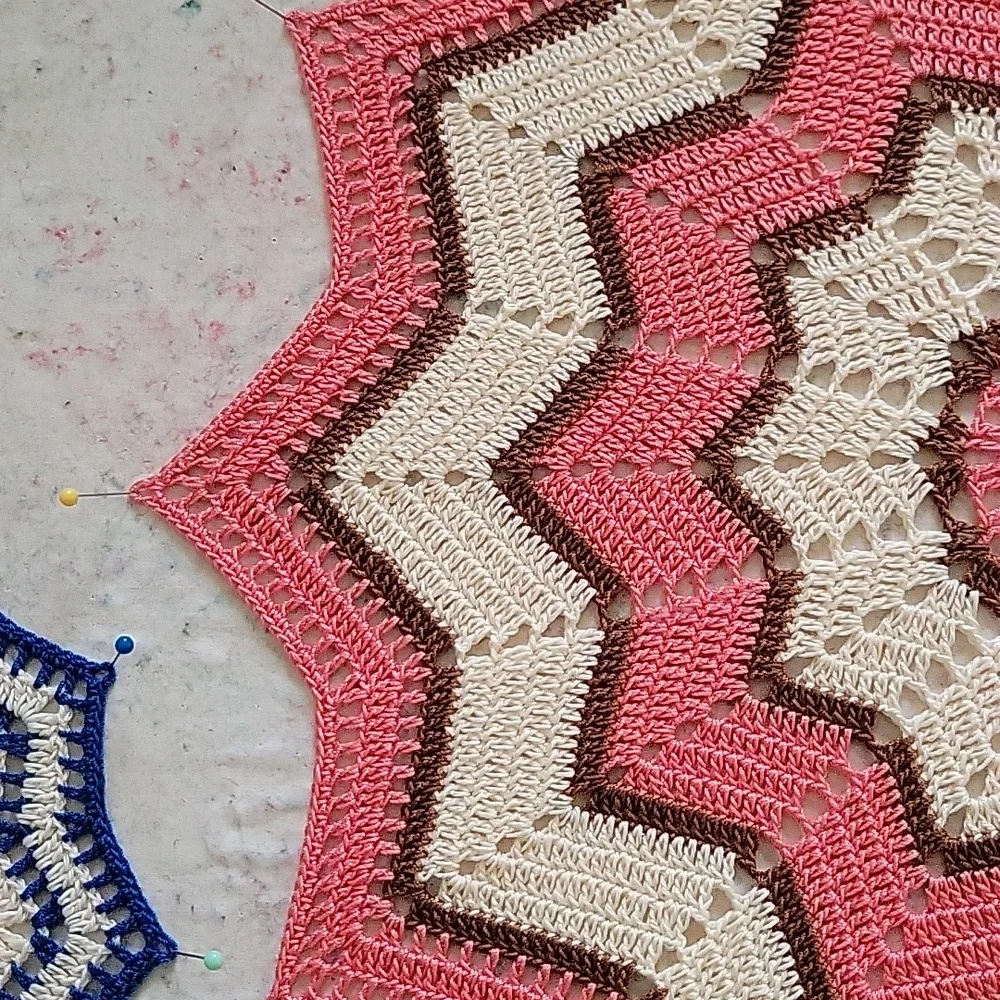 NEW ANd FRESHLY PINNED/ 17in Pink and Cream Crochet Doily With A Hint Of Brown
